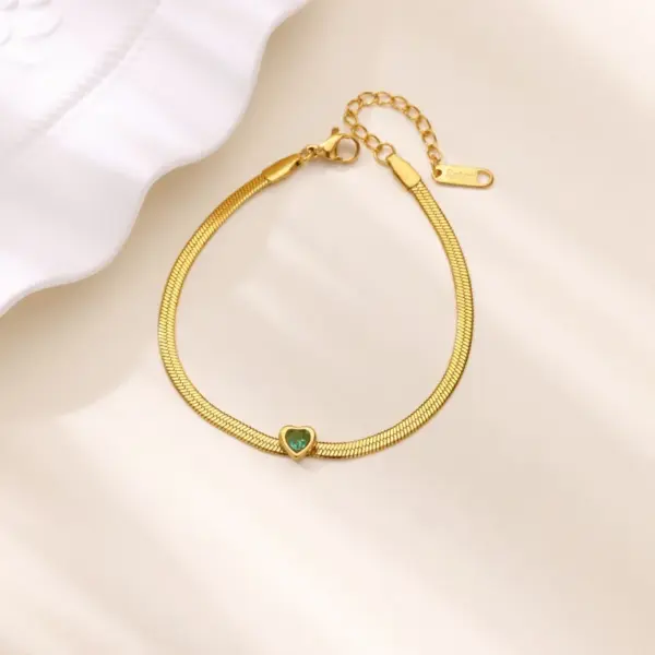 Versatile Heart Shaped Birthday Stone Flat Snake Chain Bracelet 18K Gold Plated Snake Skin Minimalist Creative INS Style Women's Bracelet