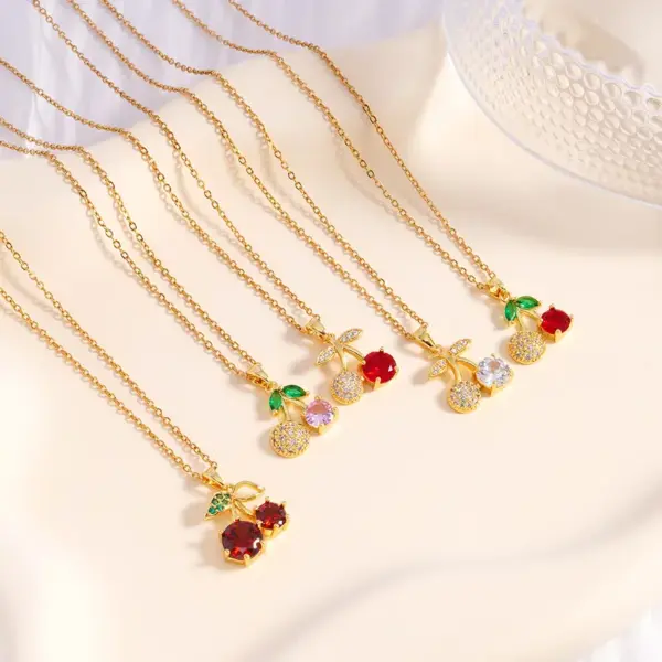 Wholesale Jewelry Elegant Cherry Copper Zircon Plating Pendant Necklace Cable Chain