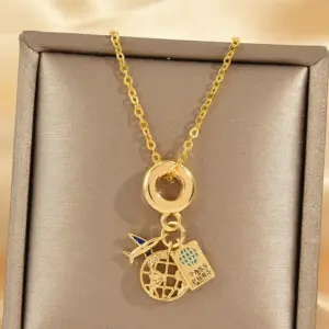 439-6 Airplane Planet Necklace-Gold