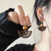 Wholesale New Chinese style wooden fan earrings female niche design sense National style earrings personality tassel ear clip without pierced earrings