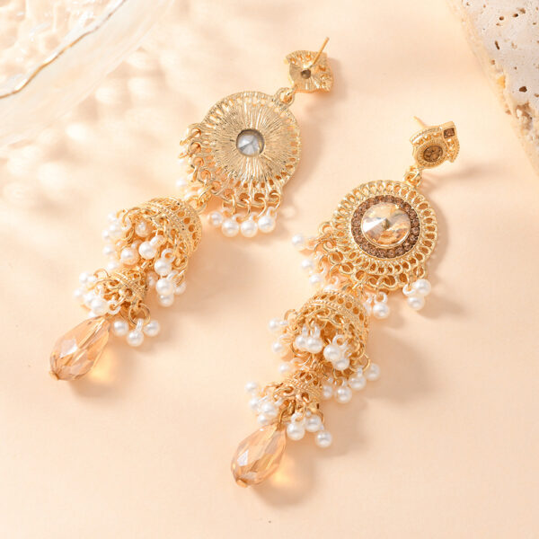 Wholesale Fashionable and Personalized Micro-Encrusted Diamond Earrings Thai Retro Women's Long Imitation Large Gemstone Tassel Bell Earrings