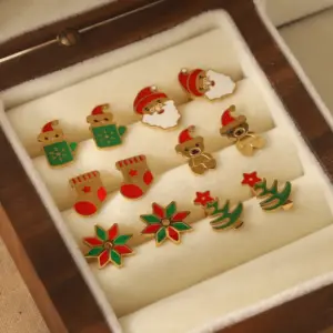 Wholesale 1 Pair Christmas Sweet Simple Style Christmas Tree Santa Claus Enamel 304 Stainless Steel 14K Gold Plated Ear Studs