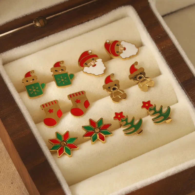 Wholesale 1 Pair Christmas Sweet Simple Style Christmas Tree Santa Claus Enamel 304 Stainless Steel 14K Gold Plated Ear Studs