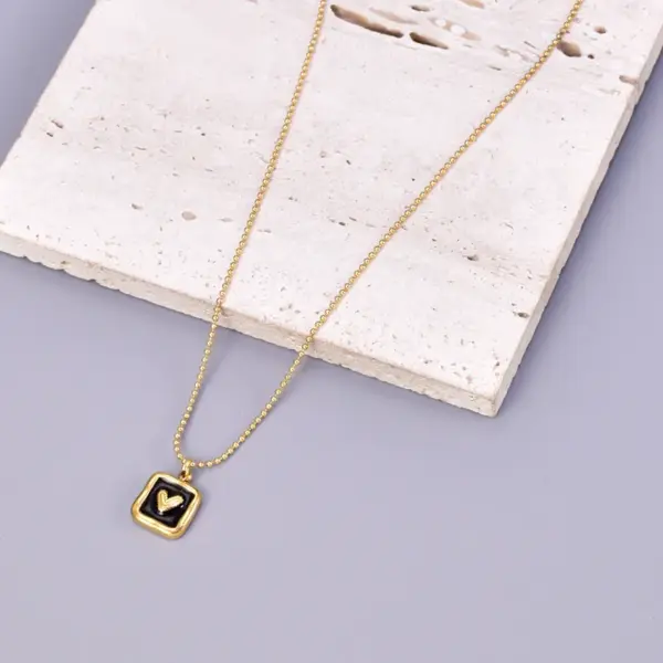 Wholesale 304 Stainless Steel Square Heart Shape PVD Coated Enamel 18K Real Gold Plated IG Style Waterproof Non Tarnish Enamel Ball Chain Lobster Trigger Clasp Closure Pendant Necklace