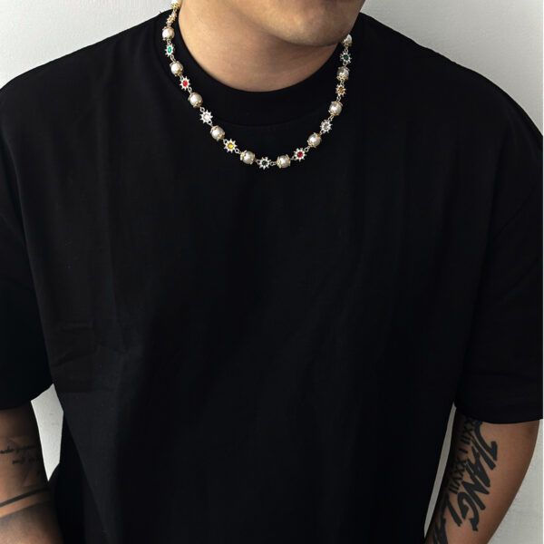 Wholesale European and American Hip Hop Pearl Flower Necklace Men's High-end Sense Fashion Personality Clavicle Chain Hot Cross-border Men's Jewelry