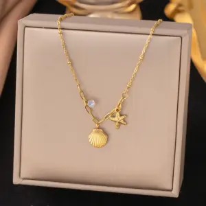 【H219】Starfish Shell Necklace / Gold