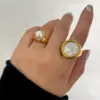 Wholesale PVD Coated Real Gold Plated 18K Gold Color Block 304 Stainless Steel Exaggerated French Style Waterproof Non Tarnish Rings