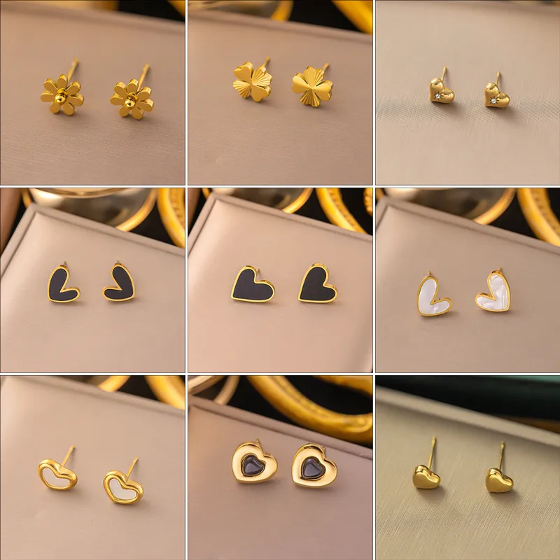 Wholesale PVD Coated Real Gold Plated Letter Heart Shape Flower 304 Stainless Steel Sweet Waterproof Non Tarnish Plating Ear Studs