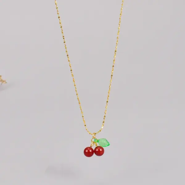304 Stainless Steel Cherry PVD Coated Artificial Crystal 18K Real Gold Plated Simple Style Waterproof Non Tarnish Gold Plated Pendant Necklace