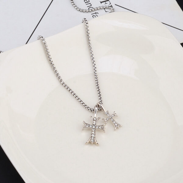 Wholesale European and American Full Diamond Double Cross Necklace Personality Retro Trendy Cold Style Personality Chain Niche Cool Fashion Jewelry