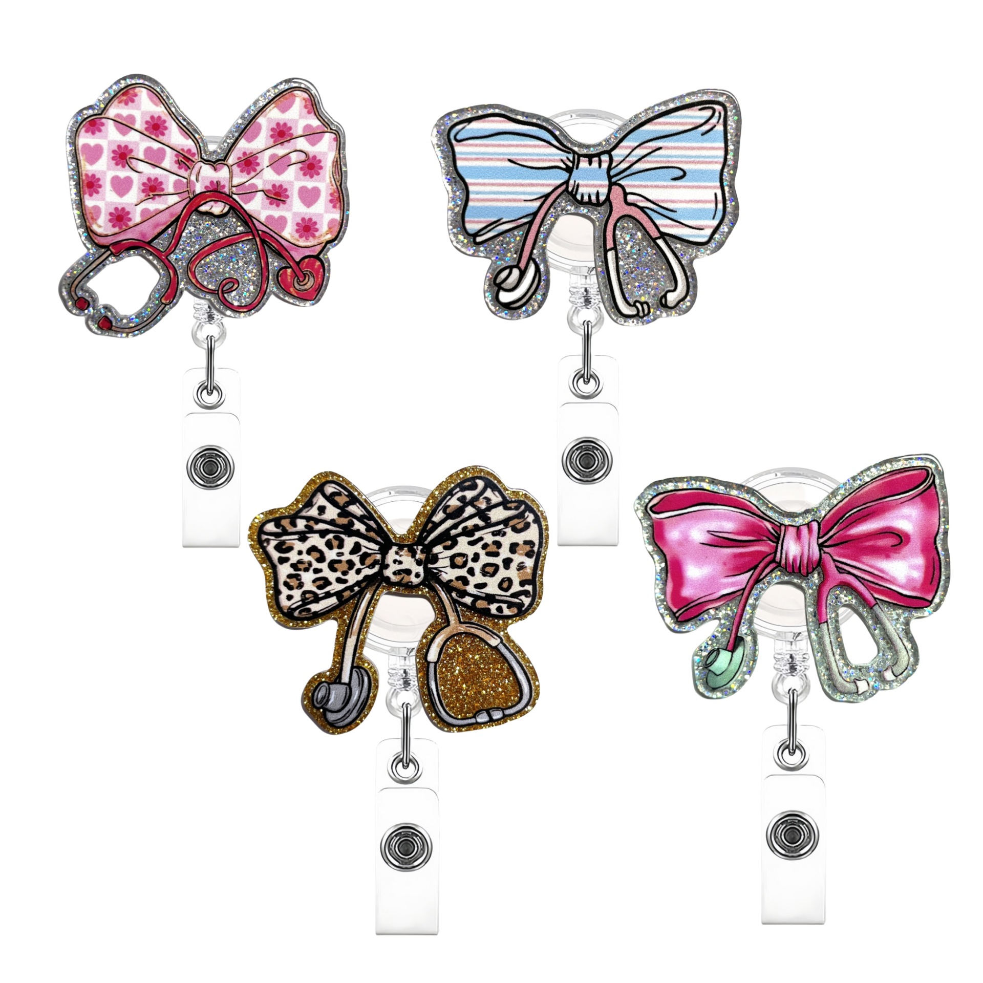 Wholesale Cross-border new glitter acrylic bow stethoscope telescopic easy-pull buckle creative medical nurse badge clip