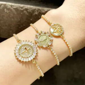 Copper Inlaid Zircon Geometric Artificial Gemstones Copper Bracelets