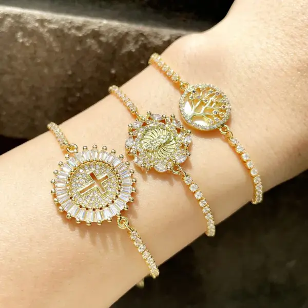 Copper Inlaid Zircon Geometric Artificial Gemstones Copper Bracelets