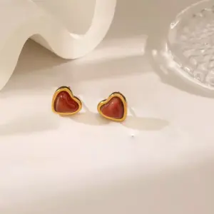 【XKE0396】Red Heart Earrings / Gold