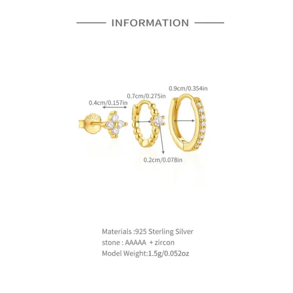 Wholesale 1 Set 925 Sterling Silver Zircon Geometric Hoop Earrings Ear Studs