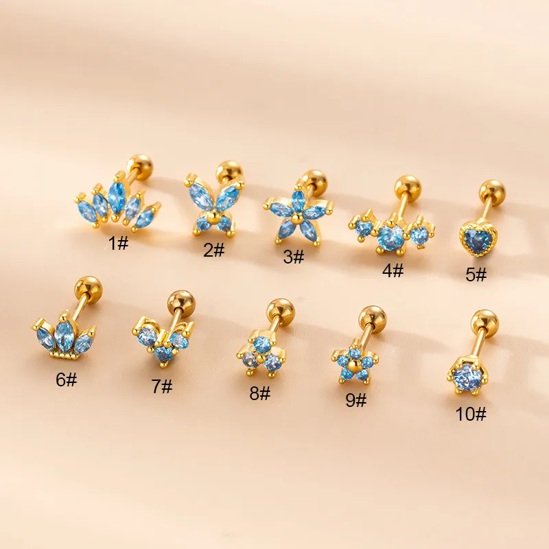 Wholesale 1 Piece Copper Zircon Ear Cartilage Rings & Studs Crown Flower Waterproof Non Tarnish Surgical Steel