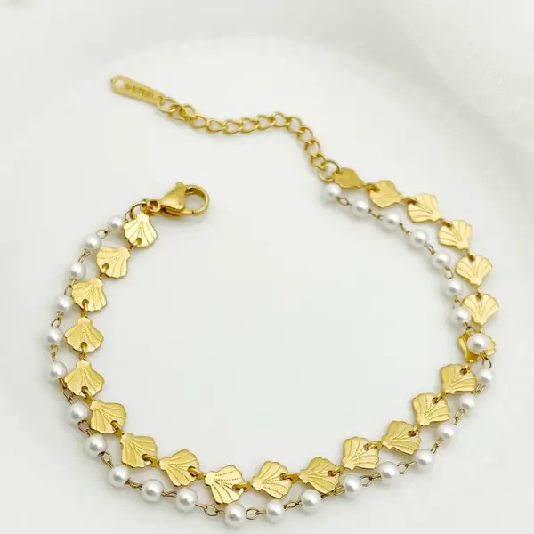 Wholesale 304 Stainless Steel Ginkgo Leaf PVD Coated Pearl Real Gold Plated Gold Plated Elegant Waterproof Non Tarnish Beaded Plating Gold Bracelets