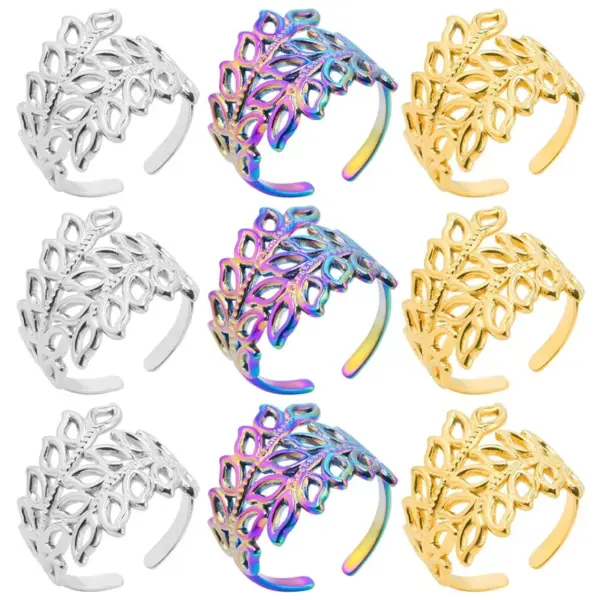 Wholesale PVD Coated Real Gold Plated Leaf 304 Stainless Steel Hip-Hop Waterproof Non Tarnish Open Ring