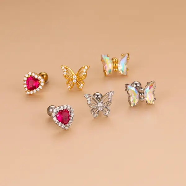 1 Piece 316L Stainless Steel Copper Zircon Ear Cartilage Rings & Studs Heart Shape Butterfly Waterproof Non Tarnish Surgical Steel