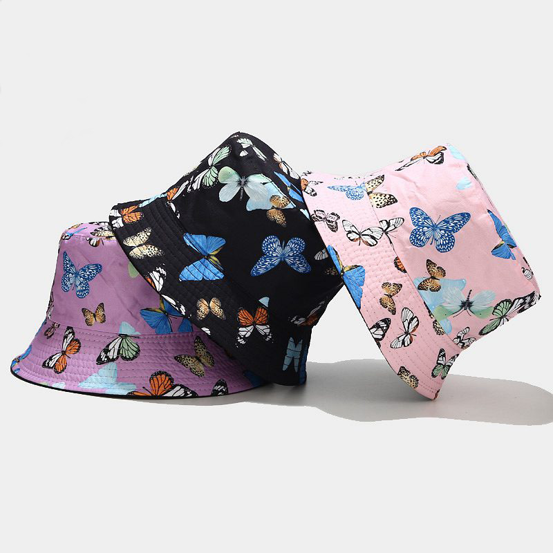 Wholesale European and American New Colorful Butterfly Pattern Fisherman Hat Women's Summer Pure Cotton Double-sided Wearing Basin Hat Outdoor All-mat