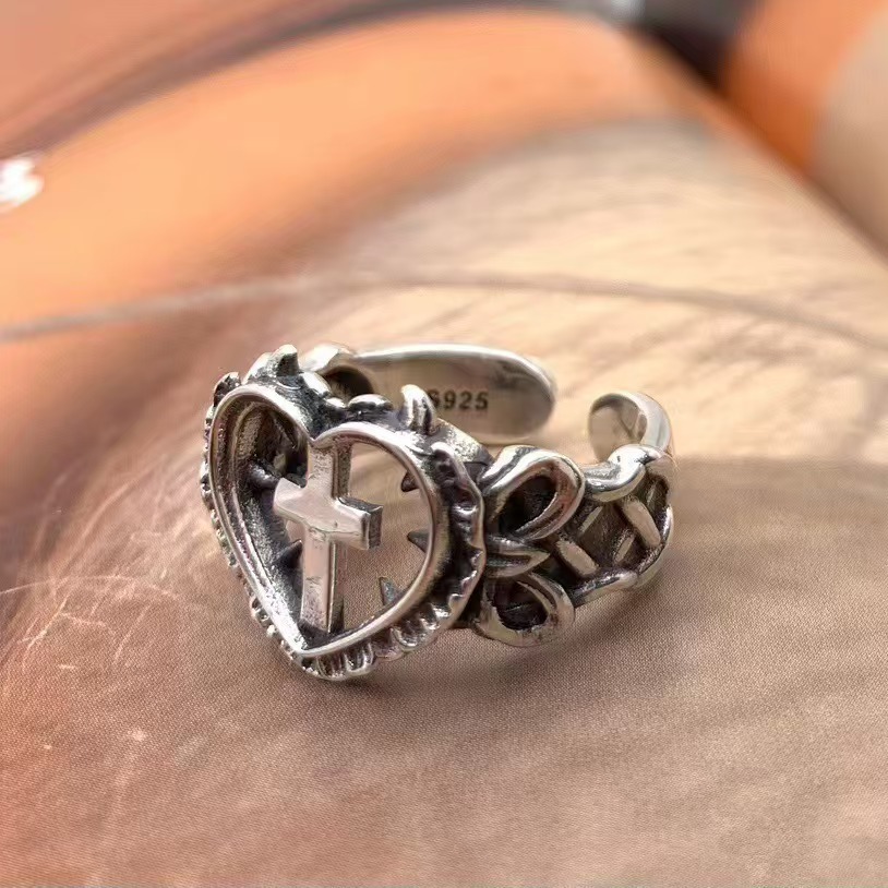 Wholesale New Sier-Plated Monastery Cross Love Ring Gothic Style Retro Niche Dyed Black European and American Style Cross-Border Ring