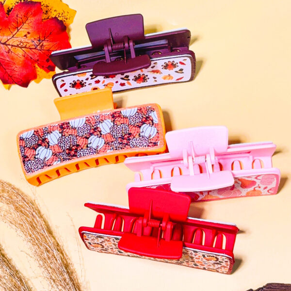Wholesale Thanksgiving Turkey Pumpkin Leather Print Rectangular Claw Clip