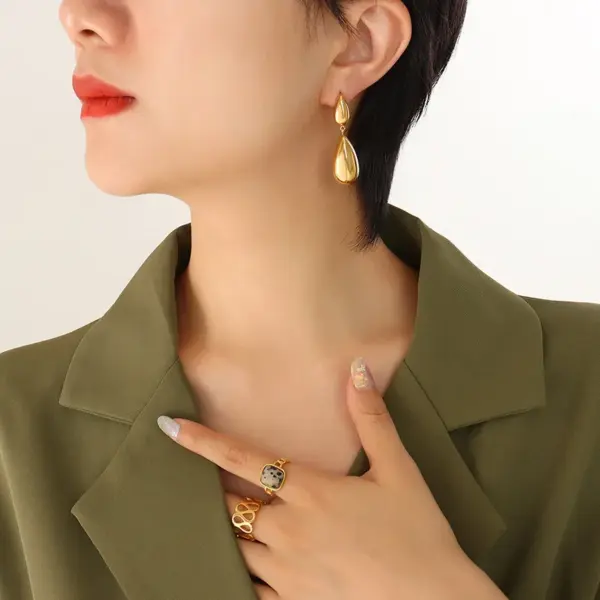 PVD Coated Real Gold Plated 18K Gold Water Droplets 304 Stainless Steel French Style Waterproof Non Tarnish Drop Earrings