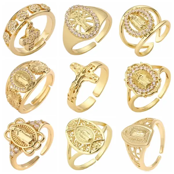 Wholesale Retro Cross Letter Copper Plating Inlay Zircon Gold Plated Open Rings