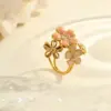 Wholesale Luxury Floral Stainless Steel Ring Colorful Drip Oil Inlaid Pearl Design Open Ring For Casual Holiday Daily Use Adjustable