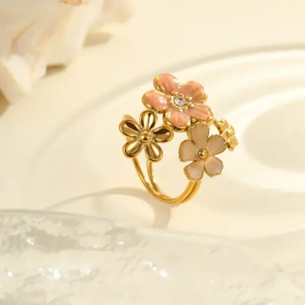 Wholesale Luxury Floral Stainless Steel Ring Colorful Drip Oil Inlaid Pearl Design Open Ring For Casual Holiday Daily Use Adjustable
