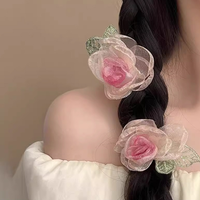Wholesale y Rose Hairpin Flower Women's Mori Fairy Beauty High-end Ser Fairy Organza Bangs Side Hair Aessories Hairpin Spring