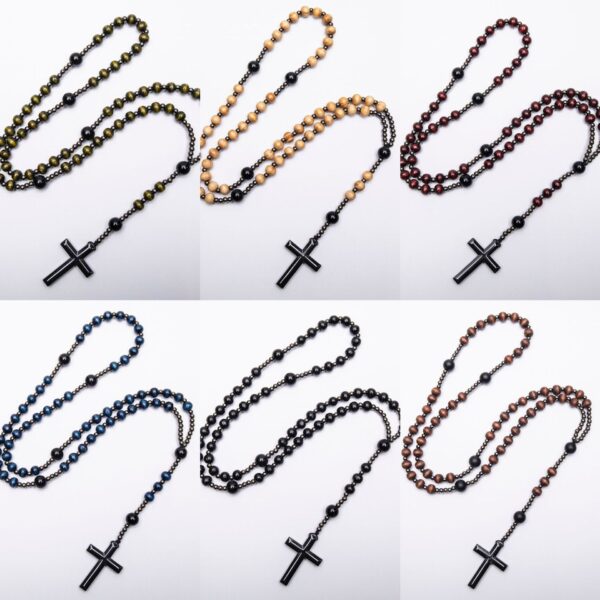 Wholesale Wooden Beads Black Gallstone Cross Religious Women's Necklace Wishing Pendant Long Rosary Necklace