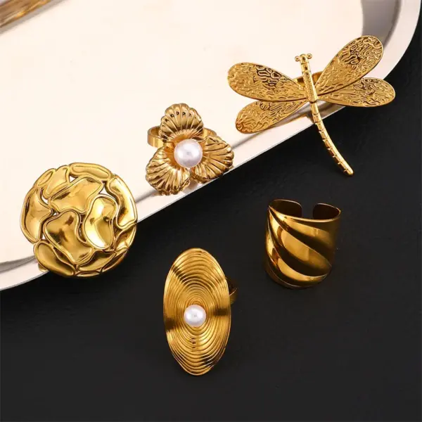 Fashionable Geometric Flower Shell Pattern Stainless Steel Ring Set With Zirconia And Pearl Adjustable Open Ring Elegant And Luxurious