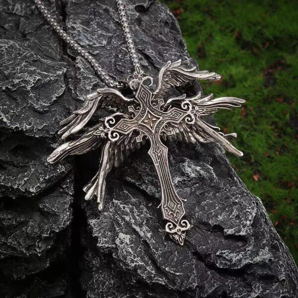 oly-8e99c29340274e6475ebbd7899218b51 Wholesale Vintage Dark Angel Wings Cross Necklace for Men and Women Trendy Personality Wing Pendant Sweater Chain