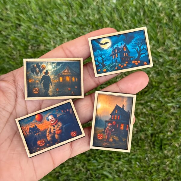 Wholesale 4-piece miniature Halloween dollhouse art clown haunted house 1:12 scale ghost wall art