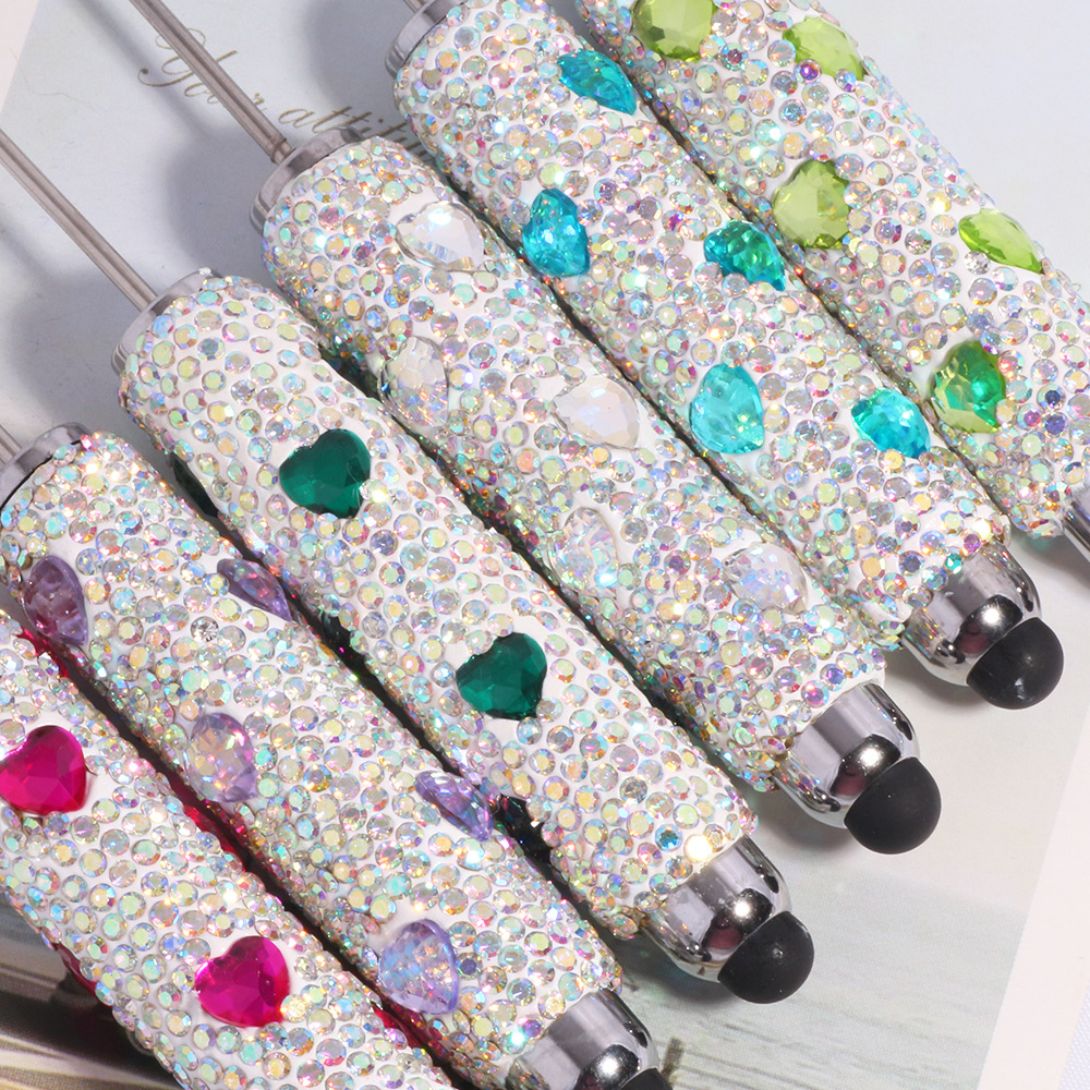 Wholesale New DIY Heart Colorful Full Diamond Beaded Touch Screen Pen Peach Heart Colorful Beaded Ballint Pen Jewelry Aessories