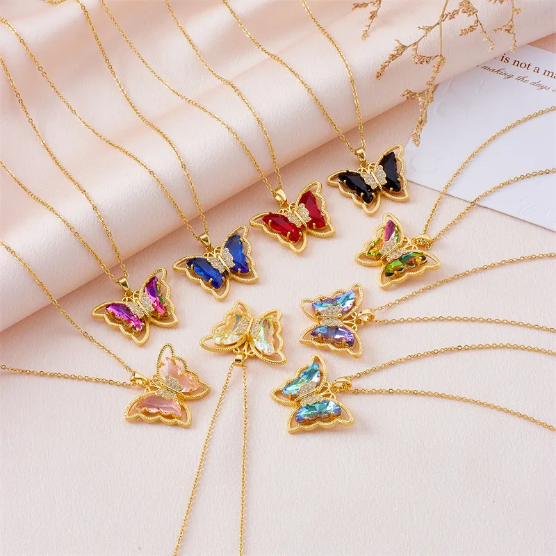 Wholesale Simple Style Butterfly Stainless Steel Copper Artificial Diamond Crystal Glass Bead 18k Gold Plated Pendant Necklace