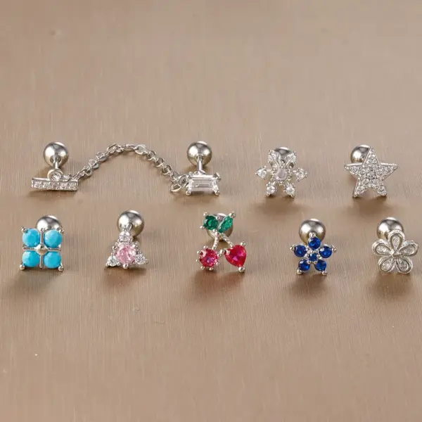 Trendy Stainless Steel Fine Rod Ear Studs Single Piece Pierced Earrings Floral Crown Design Diamond Embedded Drop Shape