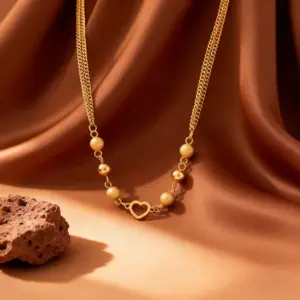 X01311-Frosted Bead Heart Necklace- Gold