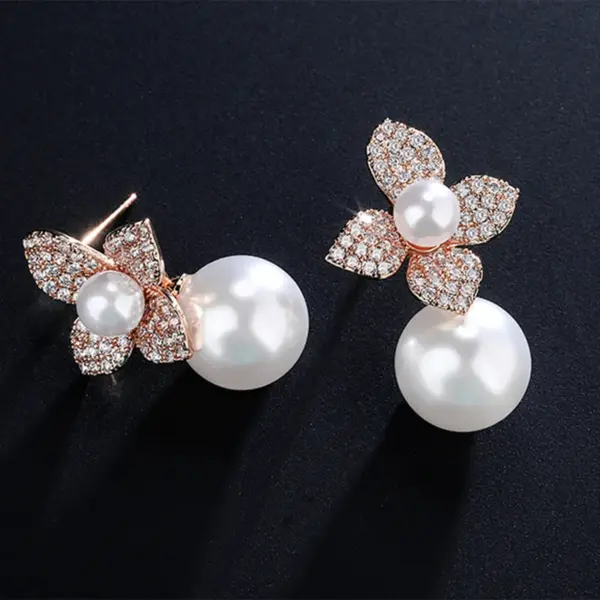 Wholesale High Quality RAKOL French Style Pearl Earrings For Women Creative Flower Micro-Paved Zirconia Fashionable Geometric Pattern