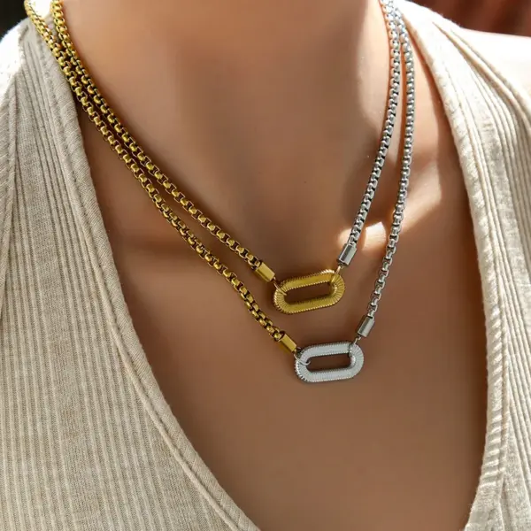 Wholesale Casual Stainless Steel 18K Gold Plated Square Pearl Chain Necklace U-Shaped Pendant Mixed Metal Design Unisex Lobster Clasp