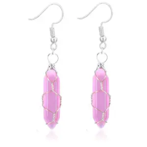 Silver Pink Jade Earrings / Wire-Wound Hexagon Prism Earrings