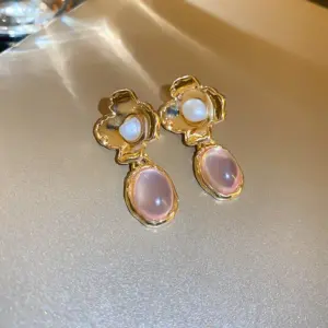 15# Gold Silver Needle Mid-Ancient Baroque Pearl Resin Oval Flower Earrings