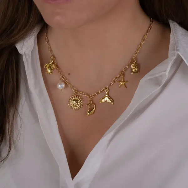 PVD Coated 18K Gold Plated Starfish Dolphin Shell 201 Stainless Steel 304 Marine Style Simple Waterproof Non Tarnish Pendant Necklace