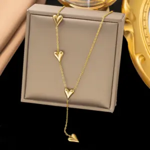 【H1017】Pointed Peach Heart Tassel Necklace / Gold