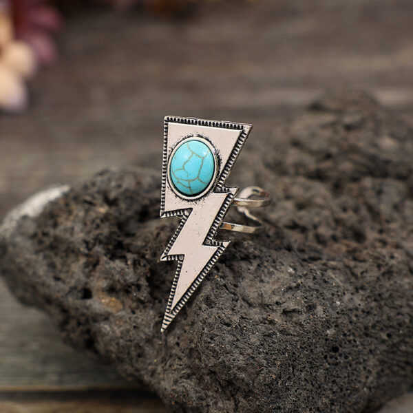 Wholesale Cross-border European and American independent station Western style retro creative lightning turquoise personality ring