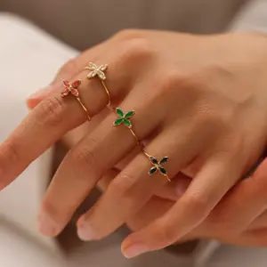 Wholesale PVD Coated 18K Gold Real Gold Plated Four Leaf Clover 304 Stainless Steel Cute Waterproof Non Tarnish Open Rings