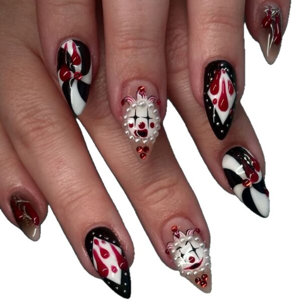 Wholesale Clown Almond Nail Tips Halloween Face Blood Drop Striped Diamond Pattern Nail Wearing