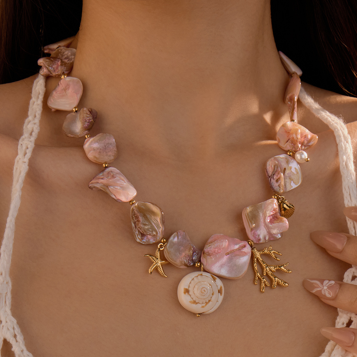 Wholesale European and American Niche Fashion Versatile Beach Style Stainless Steel Necklace Pink Shell Coral Ocean Clavicle Chain for Women
