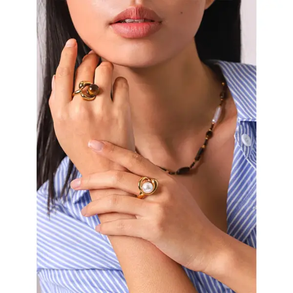 Real Gold Plated 304 Stainless Steel Ion Plating (IP) Pearl Tiger Eye Geometric Waterproof Non Tarnish Simple Style Open Rings For Women's